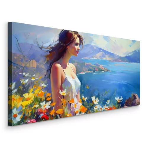 Canvas Een schilderachtig landschap met een vrouw aan het water