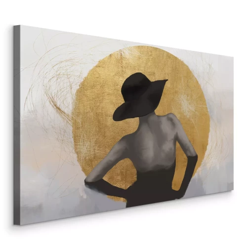 Canvas Een elegante vrouwenfiguur tegen de achtergrond van een gouden cirkel