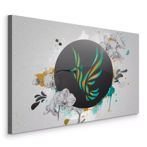 Canvas Een kleurrijke kolibrie op een decoratieve achtergrond