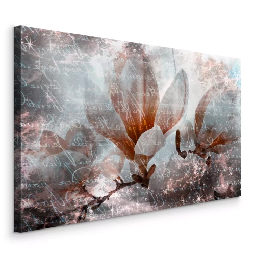 Canvas Magnoliabloemen tegen de achtergrond van decoratieve inscripties