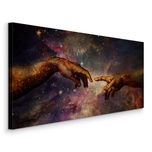 Canvas Handen uit de schepping van Adam tegen een kosmische achtergrond