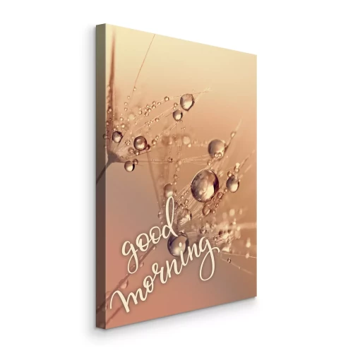 Canvas Beige paardenbloemen met dauw en de woorden goedemorgen