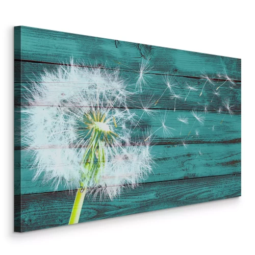 Canvas Paardenbloem met zaden op een turquoise houten achtergrond