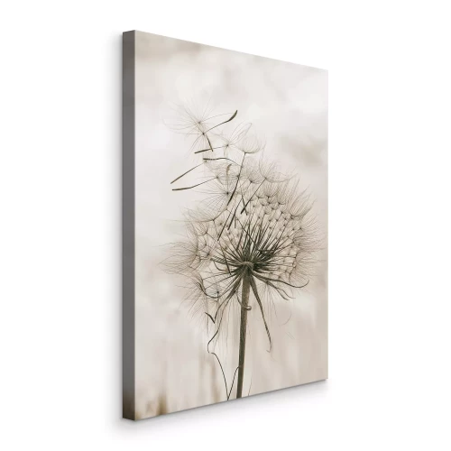 Canvas Een paardenbloem met vliegende zaden tegen een bewolkte lucht
