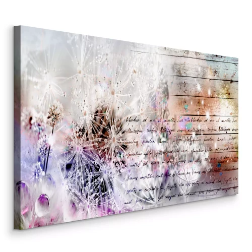 Canvas Pastelkleurige paardenbloemen met tekst op een houten achtergrond