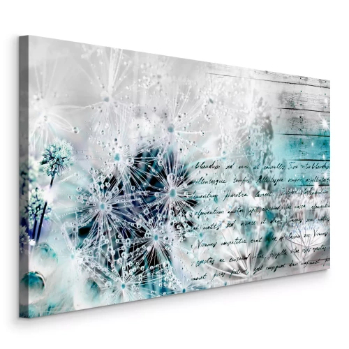 Canvas Paardenbloemen met dauw op een koele houten achtergrond