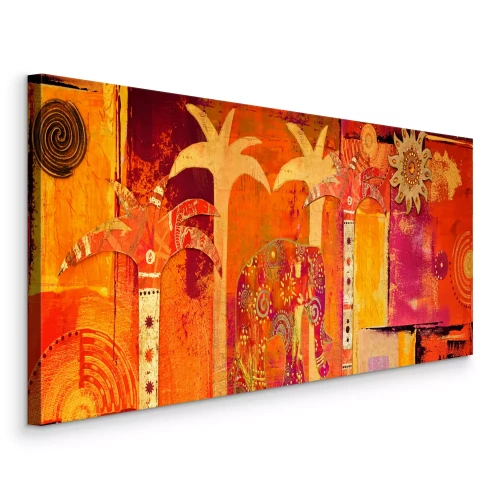 Canvas Decoratieve olifanten- en palmbomen in oranje tinten