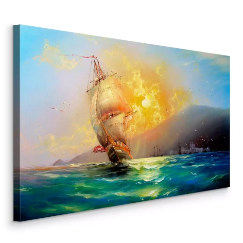 Canvas Schilderij van een zeilschip in warme, heldere tinten