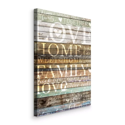 Canvas Decoratieve familie-inscriptie op een houten achtergrond