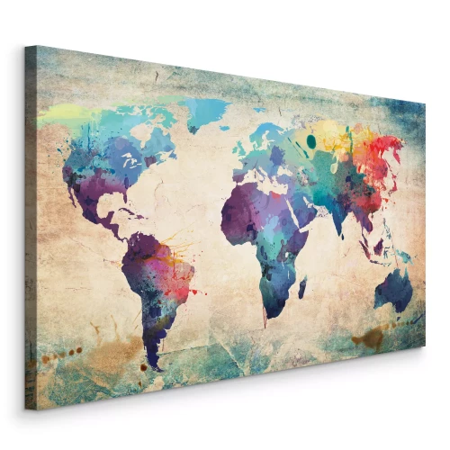 Canvas Kleurrijke artistieke wereldkaart met een oud-papiereffect