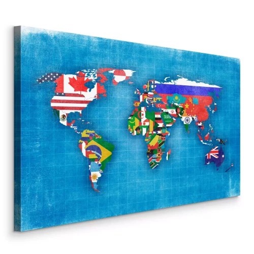 Canvas Illustratie van de wereld met landenvlaggen binnen de continentale grenzen