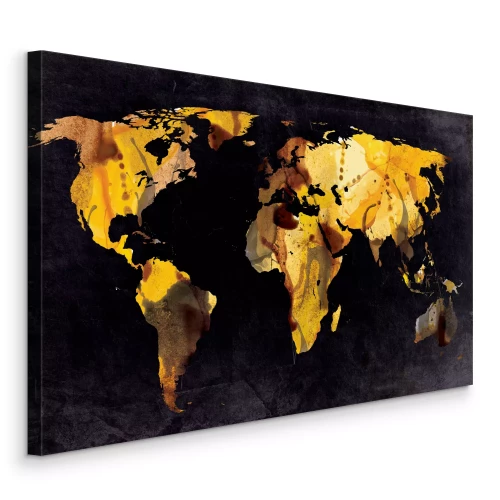 Canvas Artistieke gele wereldkaart op een donkere achtergrond