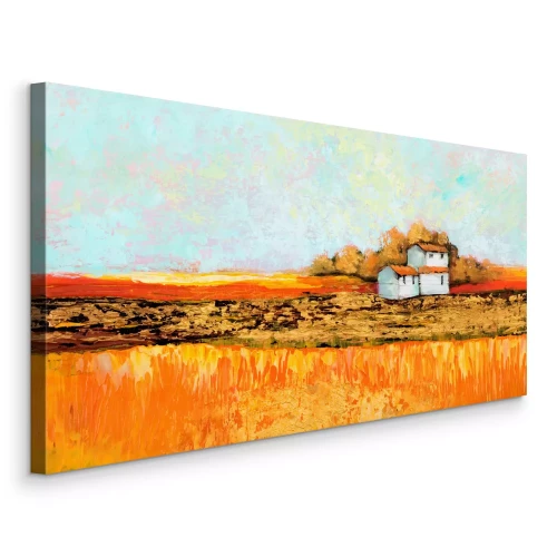 Canvas Huizen tegen de achtergrond van gouden en oranje velden