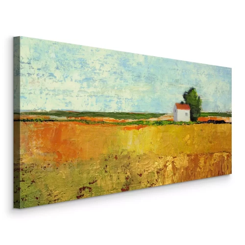 Canvas Een wit huis naast een veld met rijpend graan