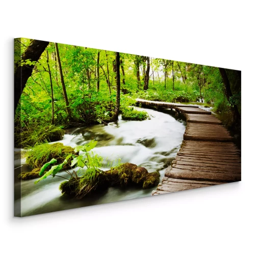 Canvas Bosrivier tussen groene bomen