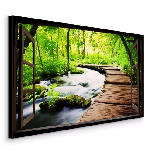 Canvas Houten raam open naar de rivier in het bos