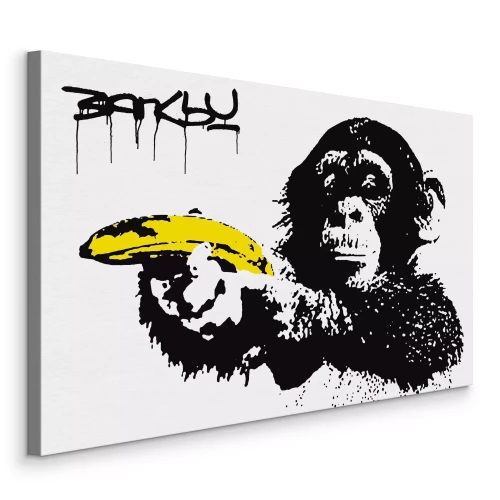 Canvas Banksy-aap met bananenreproductie