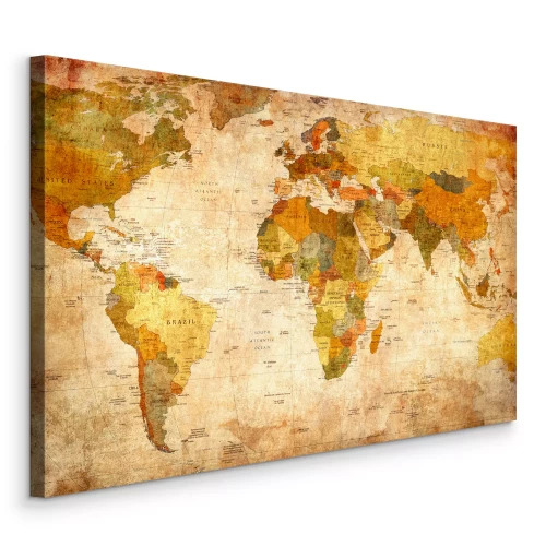 Canvas Een verweerde vintage wereldkaart met continentnamen.