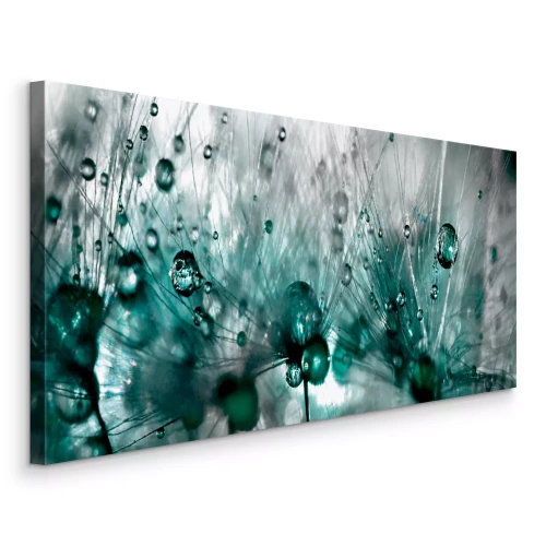 Canvas Macro-opname van een paardenbloem met waterdruppels in het groen