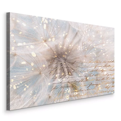 Canvas Paardenbloemen op een blauwe achtergrond met tekst en licht