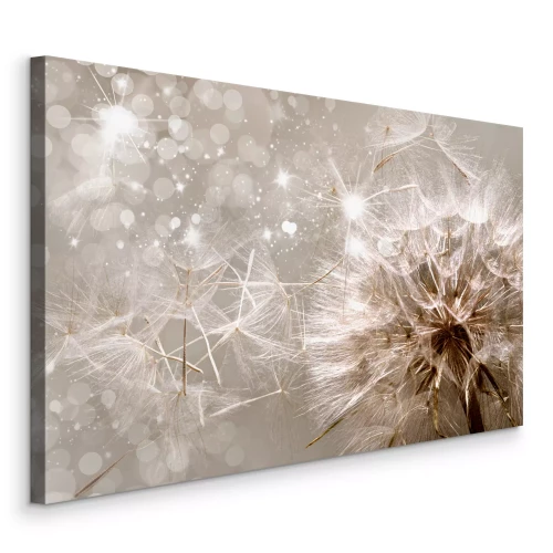 Canvas Paardenbloemzaden vliegen weg in de gloed en het licht