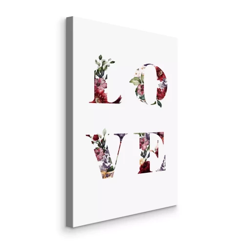Canvas Het opschrift Liefde gemaakt van bloemen op een witte achtergrond