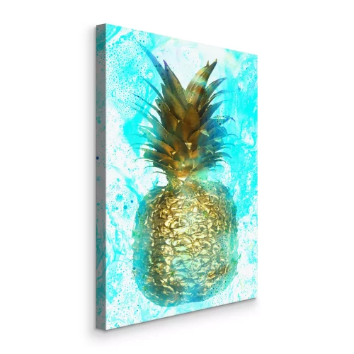 Canvas Een gouden ananas tegen een achtergrond van turquoise spatten