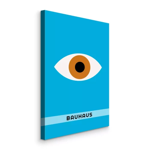 Canvas Minimalistisch oog met Bauhaus-letters in blauwtinten