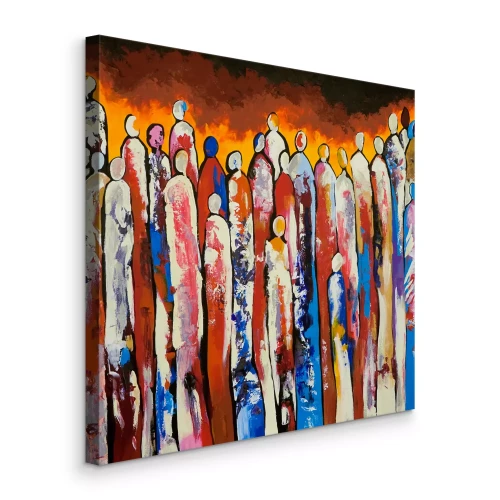 Canvas Abstractie met een menigte in intense kleuren