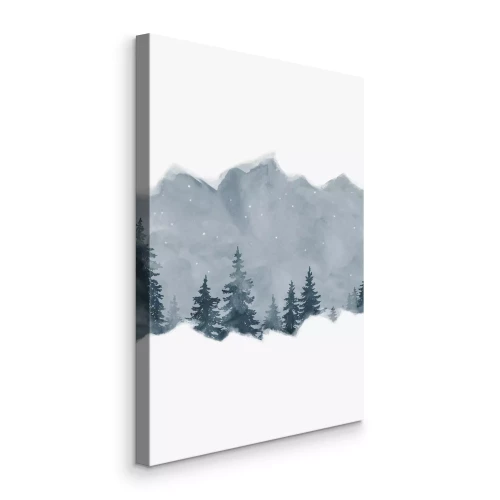 Canvas Een aquarellandschap van kerstbomen tegen een bergachtergrond
