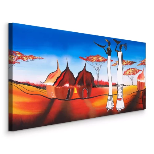 Canvas Vrouwen in traditionele hutten in een Afrikaans landschap