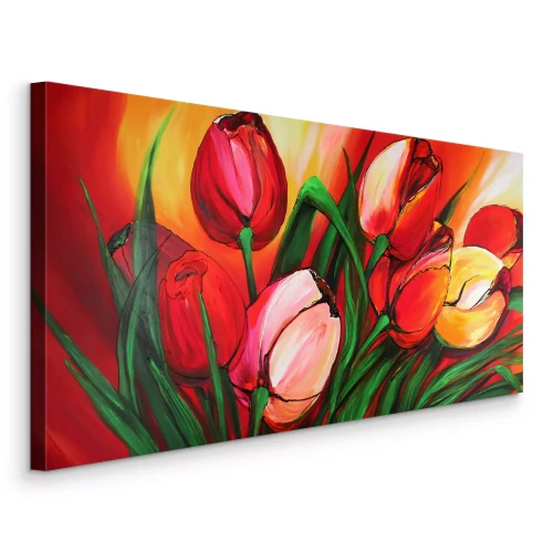 Canvas Abstracte rode en gele tulpen met groene bladeren