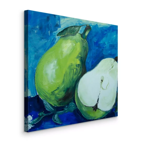 Canvas Geschilderde groene peren op een blauwe achtergrond