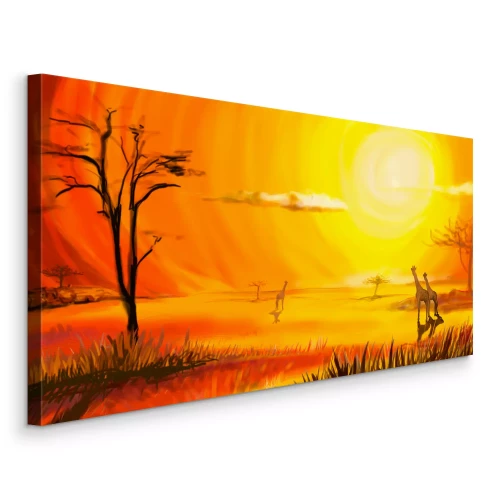 Canvas Oranje savanne met giraffen