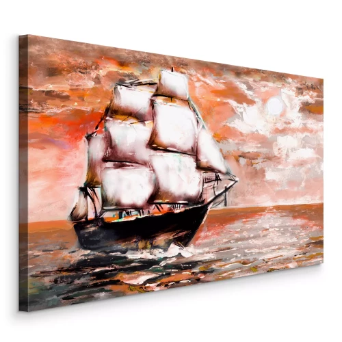 Canvas Een zeilschip op zee tegen een oranje lucht