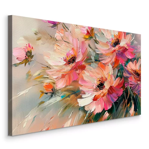 Canvas Bloemen in een expressief roze en oranje palet