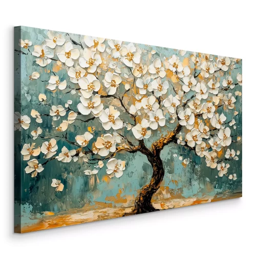 Canvas Boom met 3D-bloemen op een turquoise achtergrond