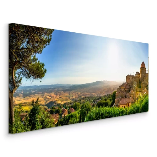 Canvas Toscaanse heuvels met uitzicht op stenen gebouwen