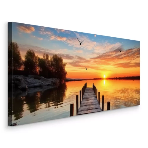 Canvas Pier bij zonsondergang over het meer