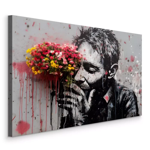 Canvas Graffiti met een man en echte bloemen