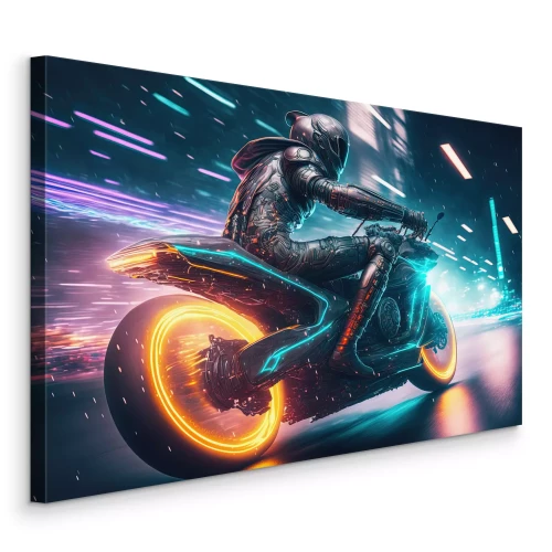 Canvas Een snelle motorfiets tussen neonlichten