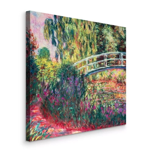 Canvas Een stenen brug die bloeiende bomen verbindt met de harmonie van de natuur