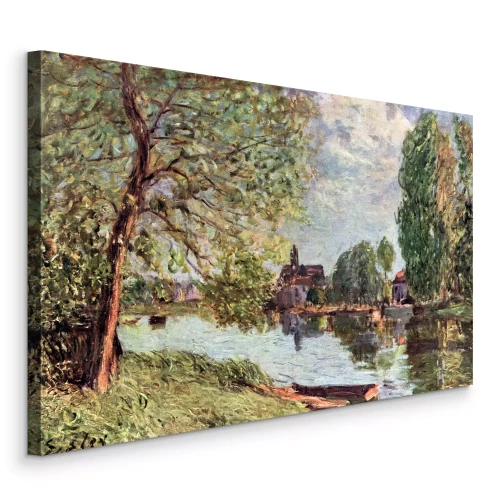 Canvas Een landschap met een rustige rivier en boten omgeven door bomen.