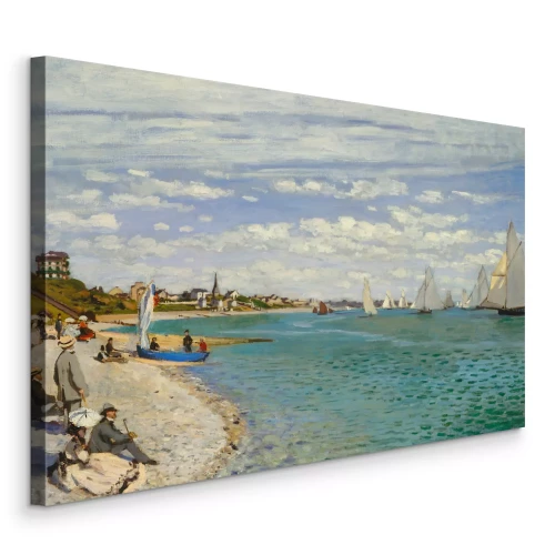 Canvas Een druk strand met zeilboten aan de horizon