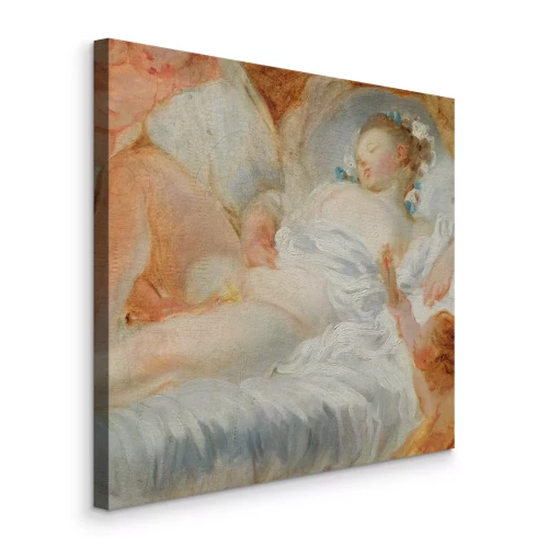 Canvas Een subtiele compositie met een vrouw in wit beddengoed