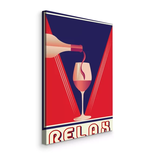 Canvas Grafisch in rode en marineblauwe tinten met een glas