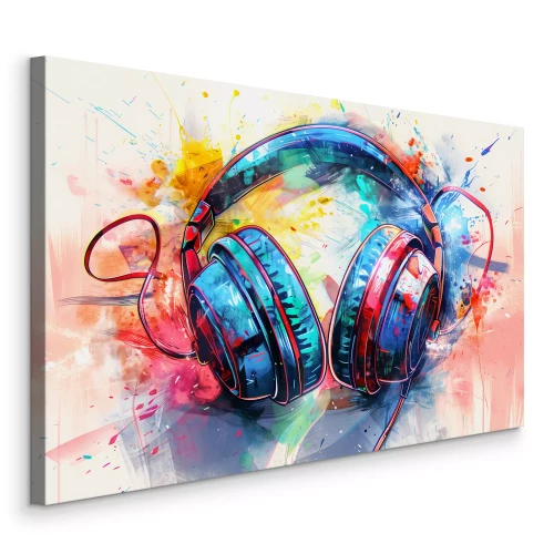 Canvas Kleurrijke koptelefoon met dynamische verfspatten
