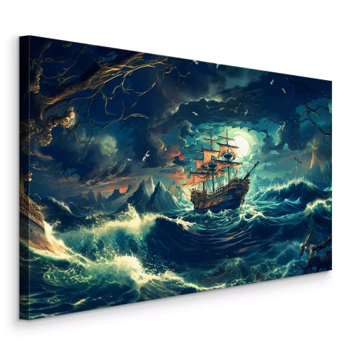 Canvas Een zeilschip tijdens een nachtelijke storm in een artistieke stijl