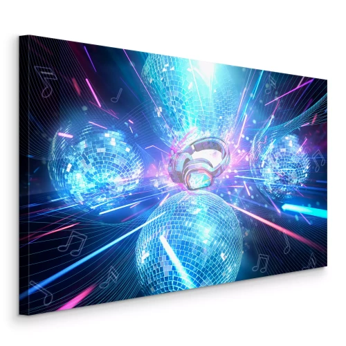 Canvas Blauw podium met discoballen en koptelefoons