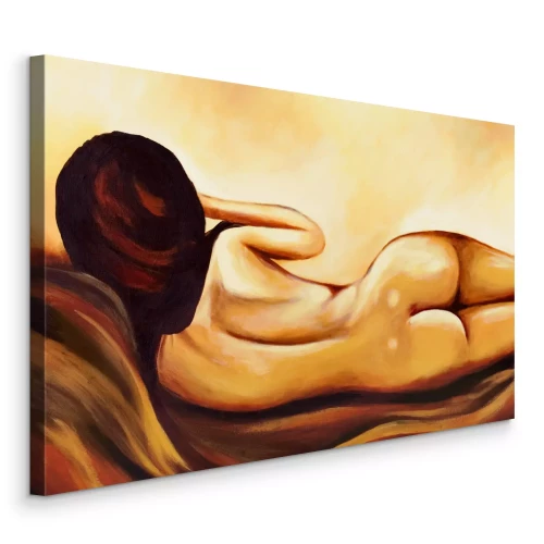 Canvas Silhouet van een vrouw op haar zij in een geel en bruin kleurenpalet